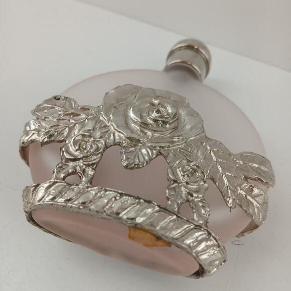 Vintage Silvestri Pink Frosted Glass & Pewter Rose Perfume Bottle 3.75" - Empty - Picture 6 of 10